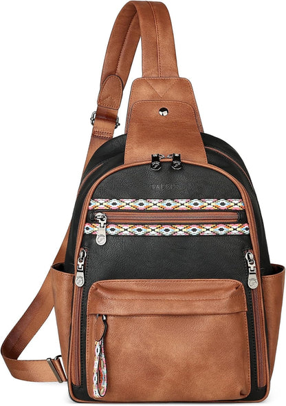 FADEON Large Sling Bag for Women, Leather Crossbody Purse Designer Anti Theft Sling Backpack, RFID Fanny Packs for Travel