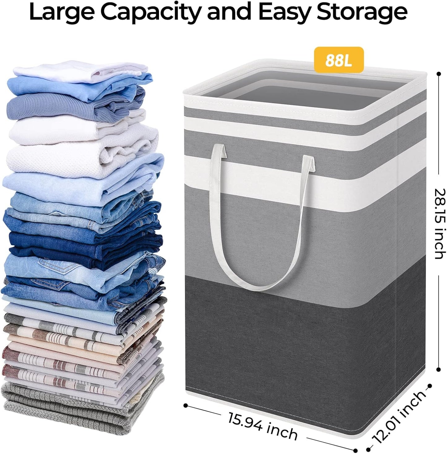 HomeHacks 2 Pack Large Laundry Baskets, Waterproof, Freestanding Laundry Hampers, Collapsible Clothes Hamper with Reinforced Handles in Laundry, College Dorm, Bathroom, Bedroom (Grey+Blue, 88Lx2)