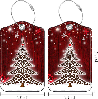 2 PCS Leather Luggage Tags for Suitcase Christmas Tree Snowflake Red Travel Luggage Tag with Privacy Flap Name ID Label and Metal Loop for Travel Bag Suitcase