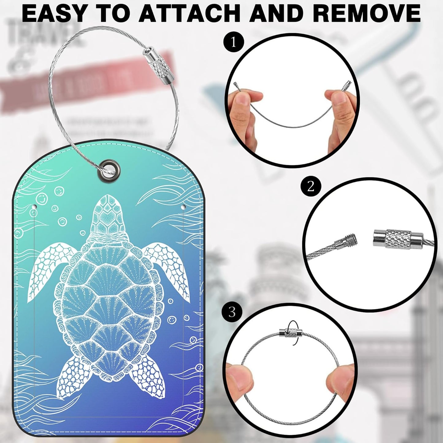 2 Pack Luggage Tag for Suitcase Turtle Leather Suitcase Tags with Privacy Name ID Label and Stainless Steel Loop for Travel Bag
