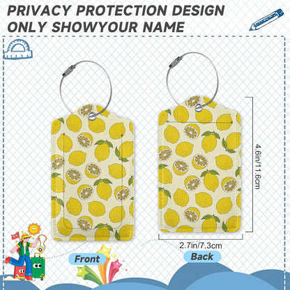 2 Pack Luggage Tag for Suitcase,Yellow Lemon Leather Bag Tags Identifiers Privacy Cover ID Label with Durable Steel Loop for Women Men Kids Girls Travel