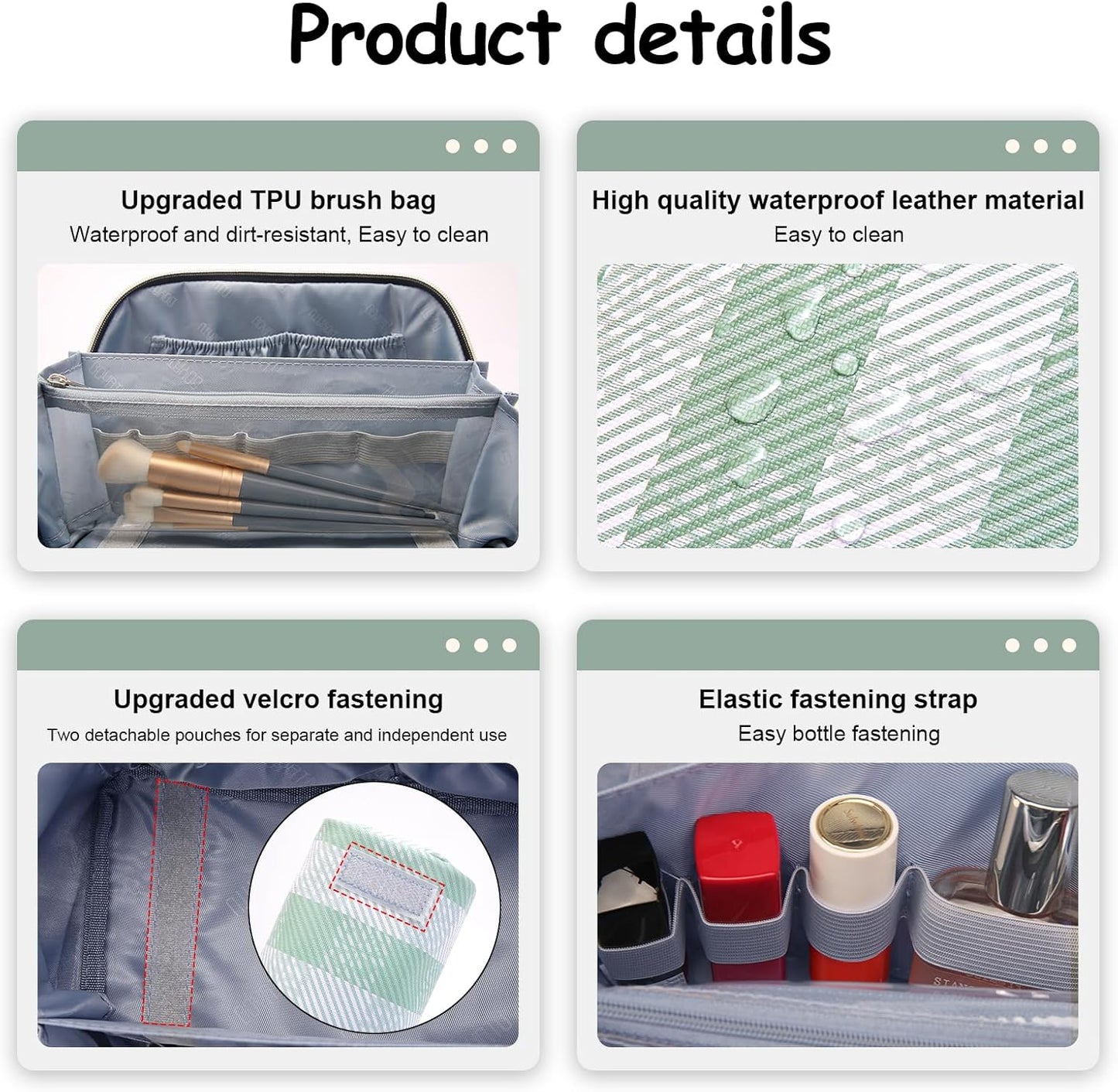 BOYATU Makeup Bag Travel Cosmetic Bag: 3 Pcs Set Portable Make up Bags for Women with Handle - Waterproof Vegan Leather Toiletry Organizer Bags with Comparments (F-02-Green)