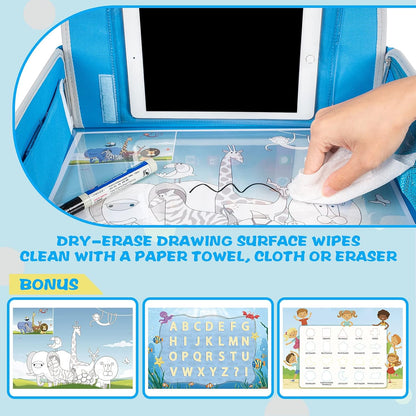 MENZOKE Kids Travel Tray, Car Seat Tray for Kids Travel, Toddler Essentials Girls with Tablet Holder, Road Trip Essentials with Cooler Cup Holder, Dry Erase Board & Storage Pocket for Airplane, Blue