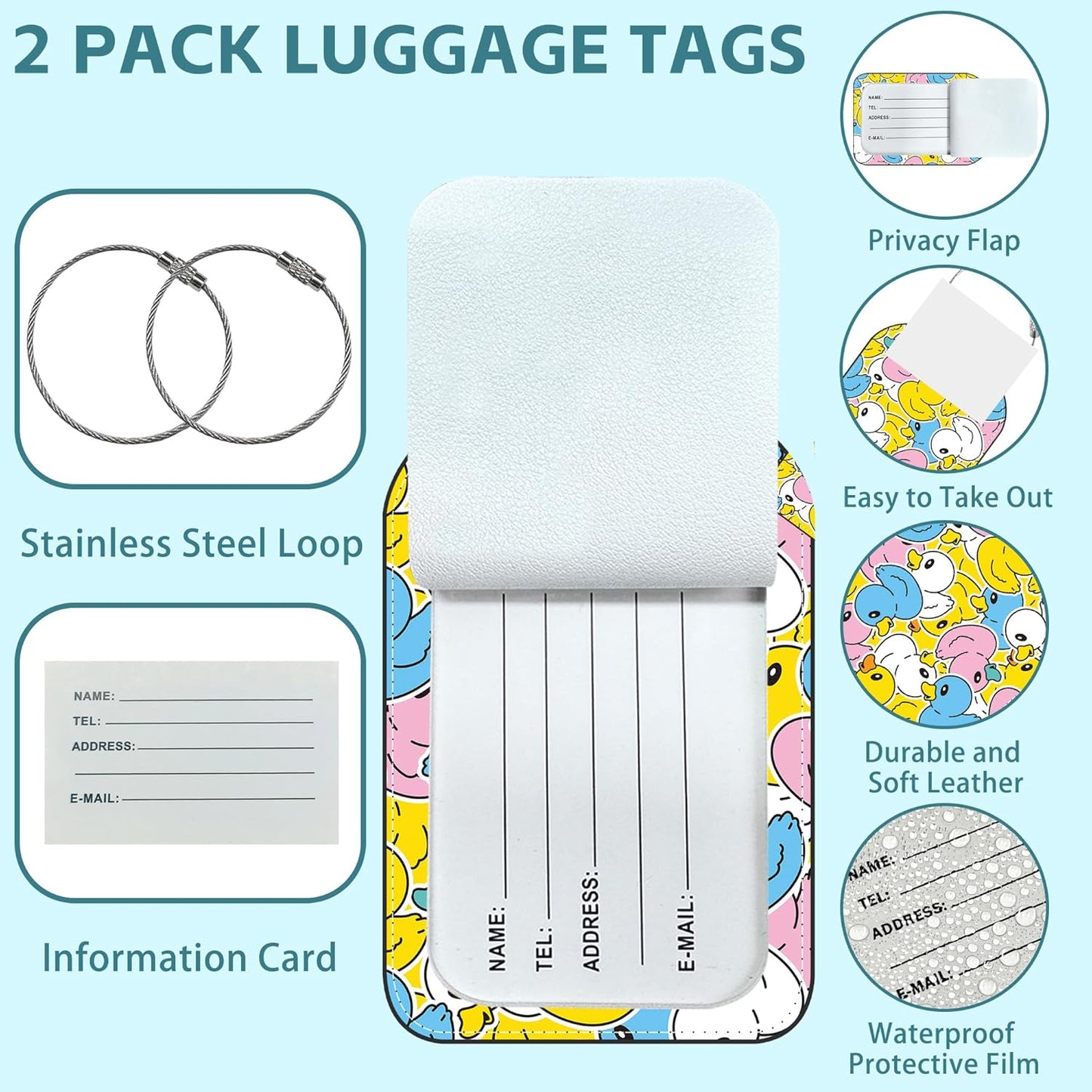 Rubber Duck Luggage Tag for Suitcase Set of 2 PU Leather Cute Luggage Tags with Stainless Metal Loop ID Label Privacy Flap Suitcase Tags for Women and Men Travel
