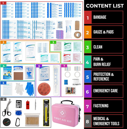 Large First Aid Kit - 410 Piece Dual-Color Emergency Kit with Hard Shell,Professional Survival Kit for Home, Car, Travel, Hiking & Outdoor(Pink/White)