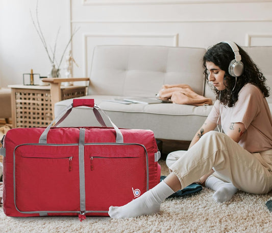 Bago Large Foldable Duffel Bags for Traveling Women & Men - 100L Packable Duffle Bag for Travel with Shoe Compartment - Water Repellant, Heavy Duty, Lightweight Folding & Collapsible (Red)