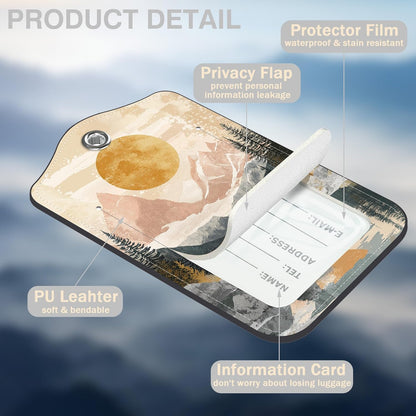 2 Pack Luggage Tags for Suitcases Abstract Pink Mountain Sun Landscape Leather Luggage Tags Privacy Cover ID Label with Stainless Steel Loop and Address Card for Women Men Travel Bag Backpack