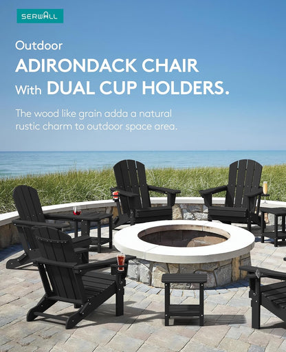 SERWALL HDPE Folding Adirondack Chair with Dual Cup Holder - Composite Adirondack Chair Set of 4- Black