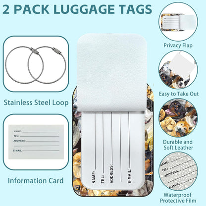 2 Pack Cute Luggage Tag for Suitcases Dogs Breeds Portraits Leather Luggage Tags with Stainless Steel Loop Privacy Flap Name Tags,Men and Women Travel Bag Suitcase Tags