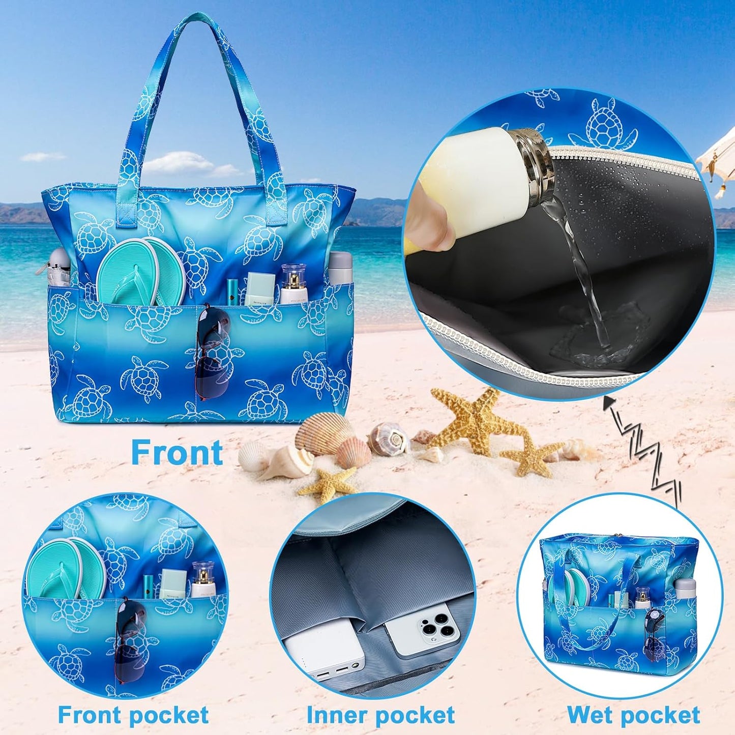 Waterproof Beach Tote Pool Bags for Women Ladies Extra Large Gym Tote Carry On Bag With Wet Compartment for Weekender Travel