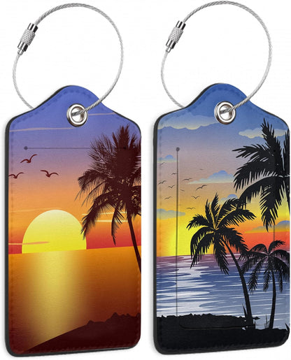 Sunset with Palmtree Silhouette 2 PCS Luggage Tags, Privacy Cover ID Label with Stainless Steel Loop and Address Card for Travel Bag Suitcase