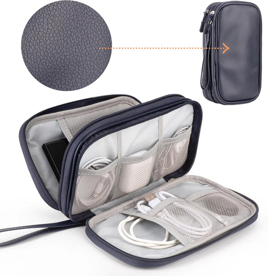 Leather Travel Electronic Organizer - Double Layer, Waterproof Case for Cables, Chargers, Phones & More - Portable, Shockproof Pouch for All Your Electronics Accessories (Dark Blue, M)