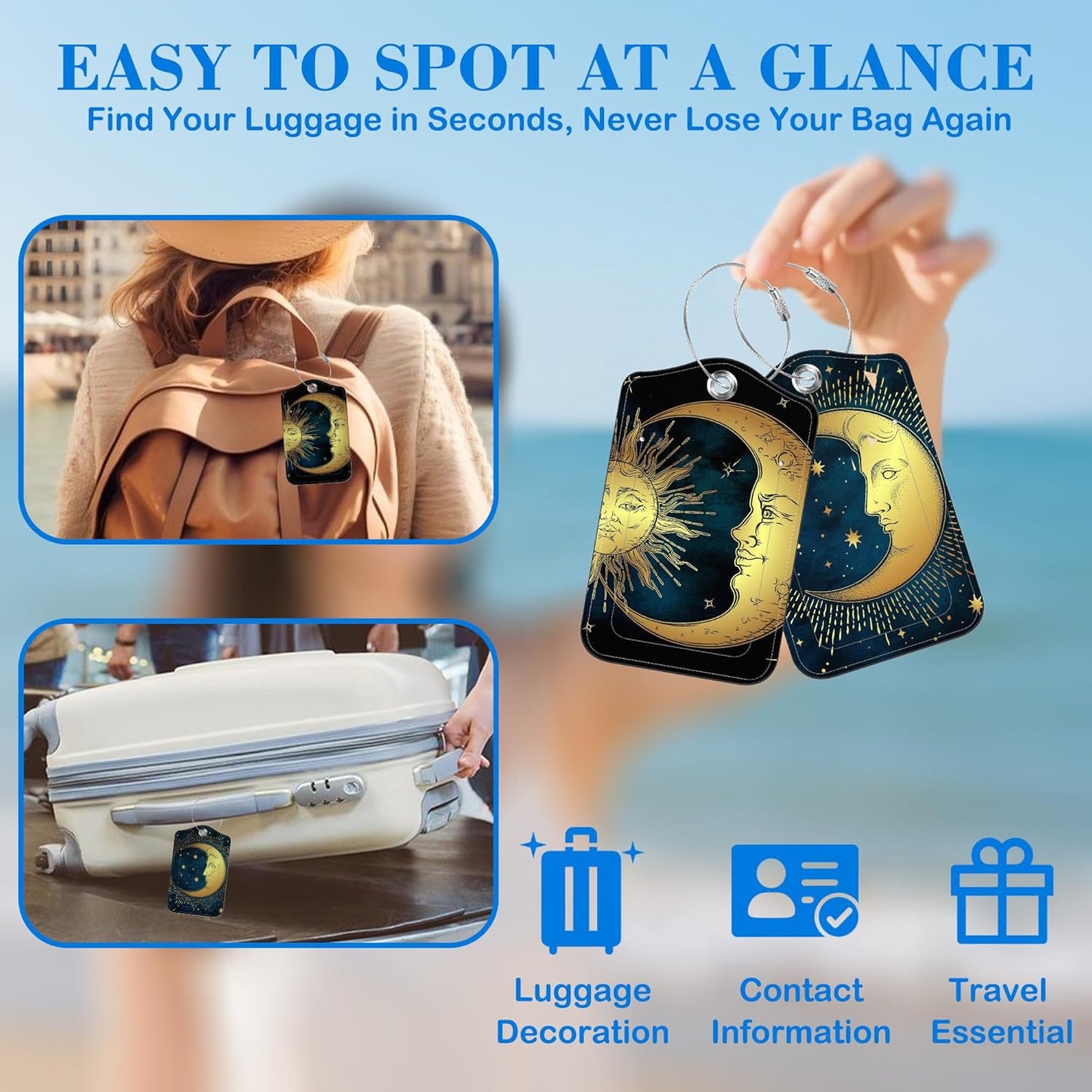 Moon Sun Star Luggage Tags for Suitcases Astrology Phases Leather Travel Tags for Luggage ID Label with Privacy Cover and Stainless Steel Loop for Men Women Suitcase Backpack, Set of 2