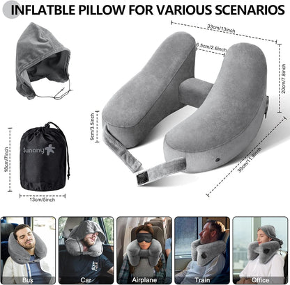 Sunany Neck Pillow for Travel Inflatable Airplane Pillow Comfortably Supports Head,Neck and Chin,Inflatable Travel Pillow with Soft Velour Cover,Hat,Portable Drawstring Bag (Grey)