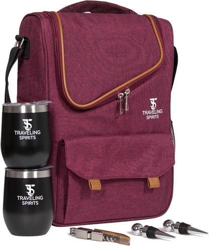 Insulated Red Wine Edition Carrier | 2-3 Bottle Travel Bag With Stainless Steel Tumblers | Cooler Tote for Travel - Great Gift for Wine Lovers (Red)