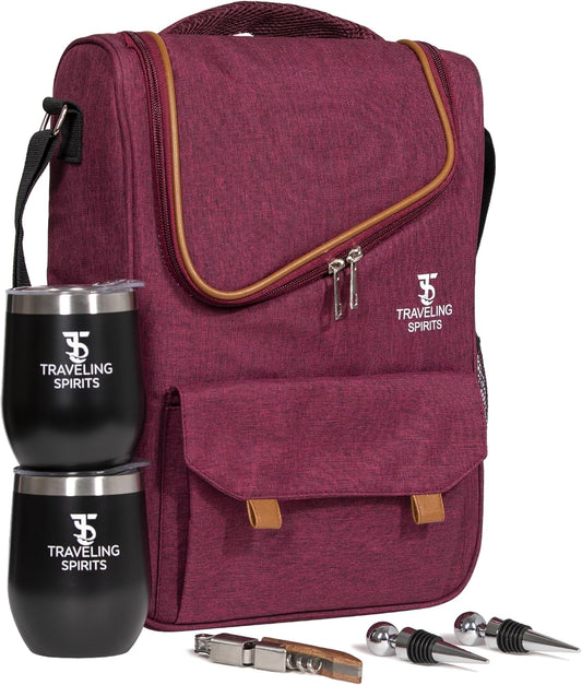 Insulated Red Wine Edition Carrier | 2-3 Bottle Travel Bag With Stainless Steel Tumblers | Cooler Tote for Travel - Great Gift for Wine Lovers (Red)