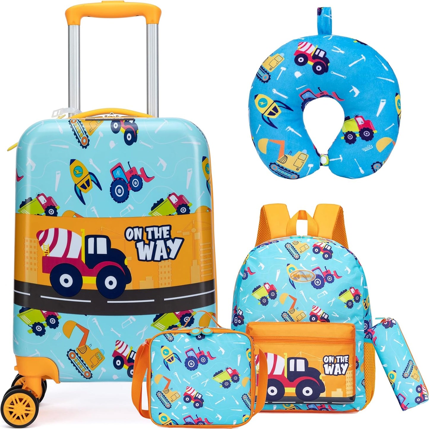 Kid’s Luggage Set 5 Piece Suitcase Set 16’’ Hardside Luggage with Spinner Wheels Girls Boys Carry on Toddler Luggage Travel Rolling Luggage Carry on Luggage Airline Approved Car