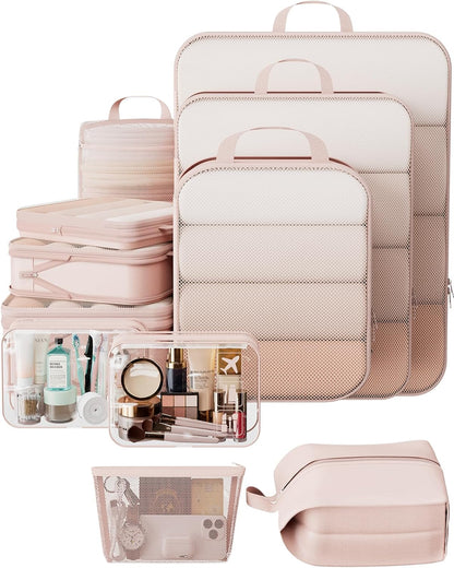Veken 11 Set Compression Packing Cubes for Travel Essentials,Compressible Expandable Large Luggage Suitcase Organizer Bags for Clothing,Durable Space Saver Storage Bags with Toiletry Bags(Beige)