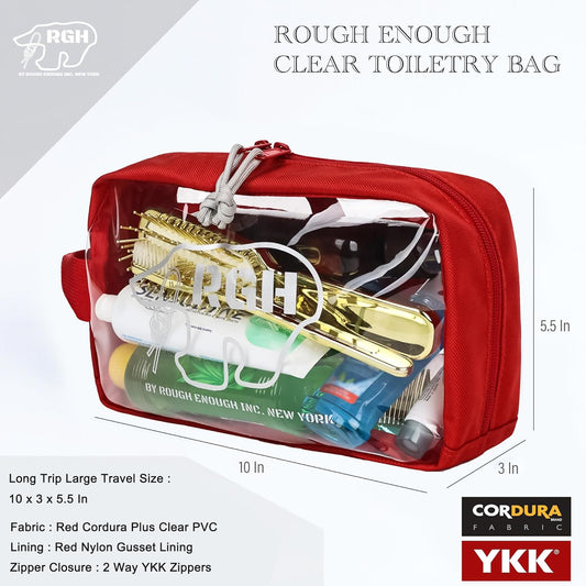 Rough Enough Clear Toiletry Bag Travel Cosmetic Makeup Toothbrush Case Pouch Organizer for Women Men Leakproof Traveling Essentials Red