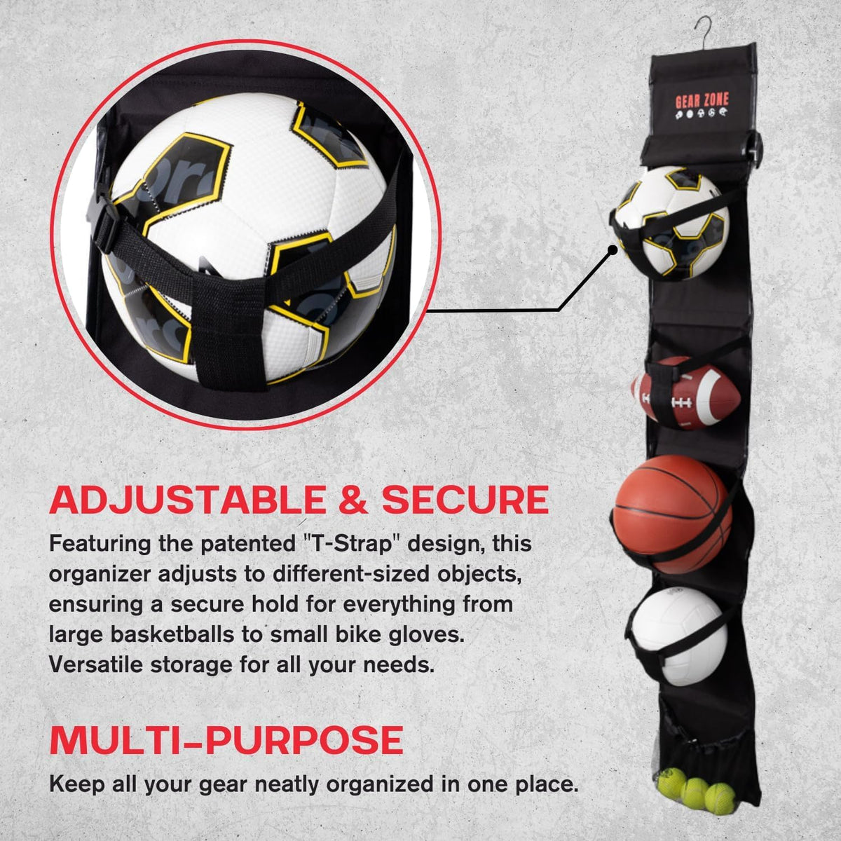 Hanging Sports Equipment Organizer | Multi-Purpose | Garage Sports Ball Storage | For Basketball Football Volleyball Tennis Soccer Biking | Toy Storage | Includes Hook & Pump