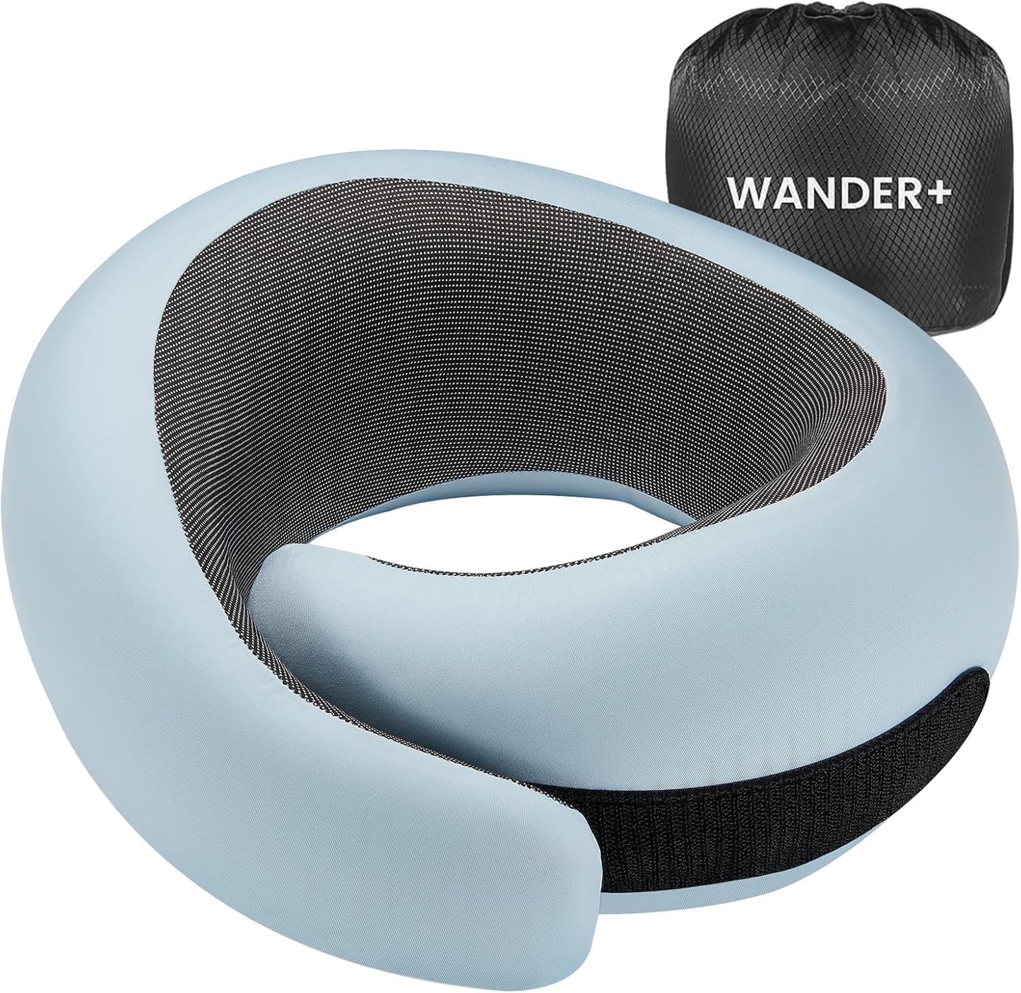 WANDER PLUS® Travel Neck Pillow, Memory Foam Neck Pillow for Airplanes, Comfortable Breathable Cover, 360 Degree Support Ergonomic Design Best for Sleeping Plane Train Travel Essentials Max Sky Blue
