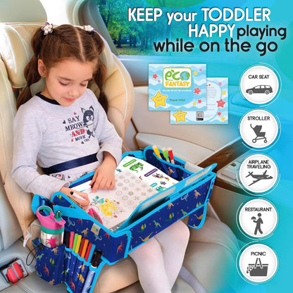 Kids Travel Tray - Waterproof Car Table with No-Drop Large Tablet Holder - Car Seat Tray - Road Trip Must Haves - Lap Desk Kids Organizer for Airplane - Toddler Travel Activities (Blue)