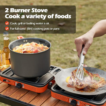 Odoland Portable 2 Burner Camping Stove Propane 17000 BTU/h Gas Stove Collapsible Backpacking Stove for Indoor Outdoor Cooking Hiking and Picnic