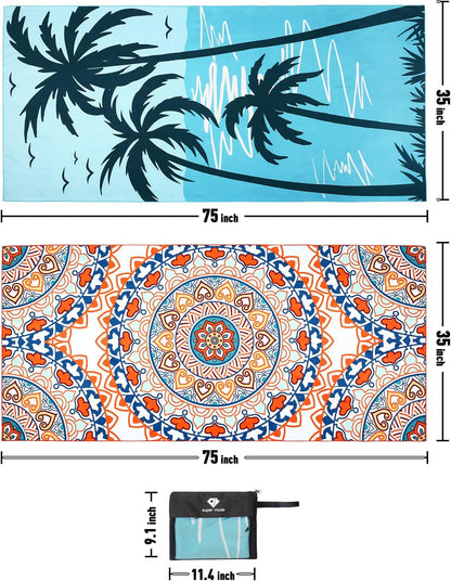 2 Pack Oversized Microfiber Beach Towel, 75'x 35', Sand-Free, Quick Drying, Super Absorbent