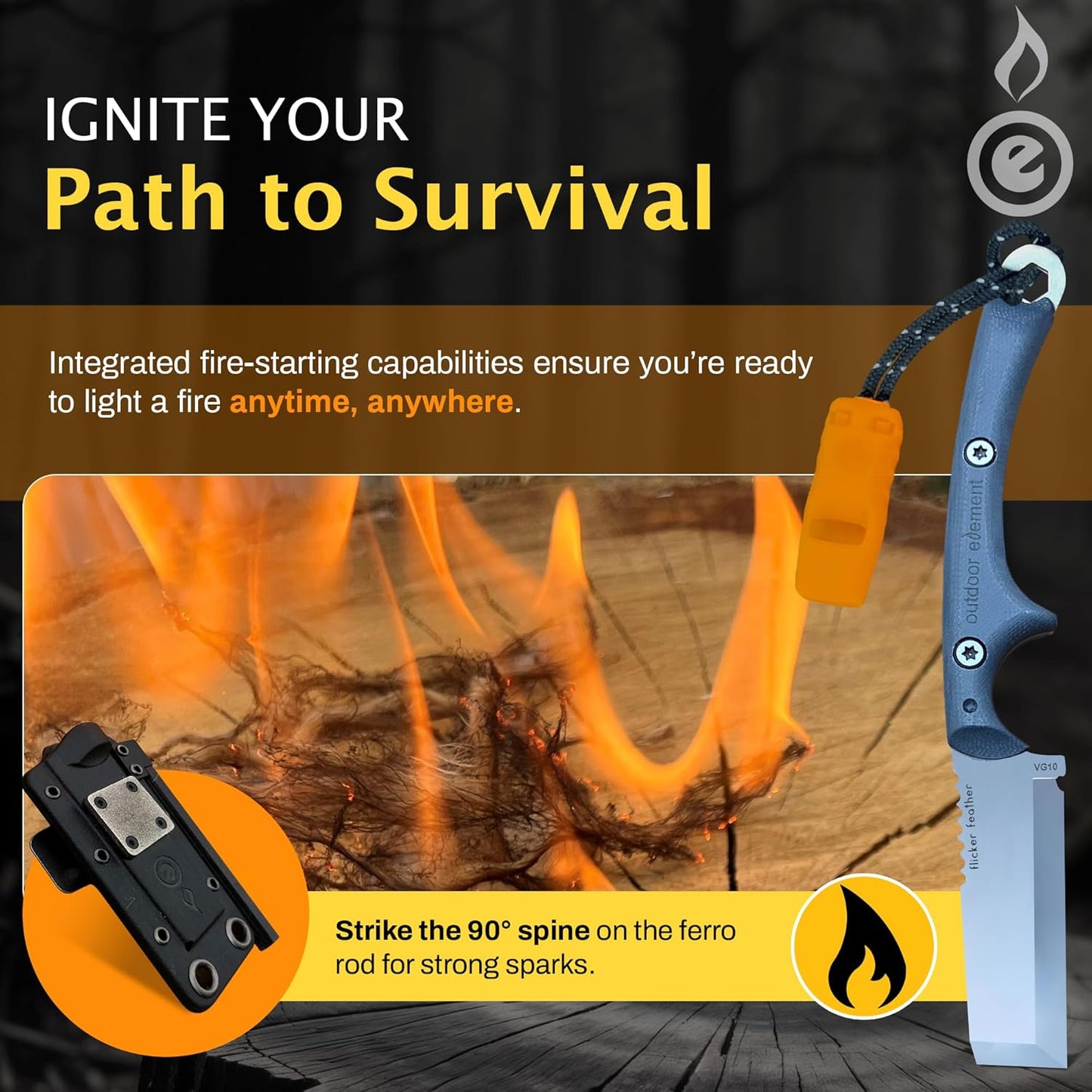 OUTDOOR ELEMENT Flicker Feather Knife - Right-Handed Survival EDC Chisel Blade for Camping, Hunting, Culinary Knives, and Bushcraft - Fixed Blade with Sheath, Firestarter, and Emergency Whistle