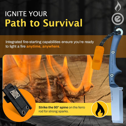 OUTDOOR ELEMENT Flicker Feather Knife - Right-Handed Survival EDC Chisel Blade for Camping, Hunting, Culinary Knives, and Bushcraft - Fixed Blade with Sheath, Firestarter, and Emergency Whistle