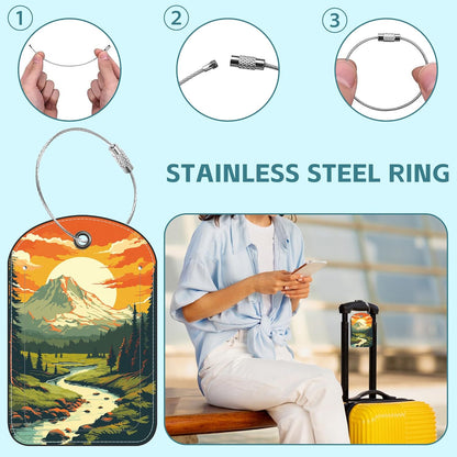 Vintage Mountain and Lake Luggage Tag for Suitcase Set of 2 PU Leather Cute Luggage Tags with Stainless Metal Loop ID Label Privacy Flap Suitcase Tags for Women and Men Travel