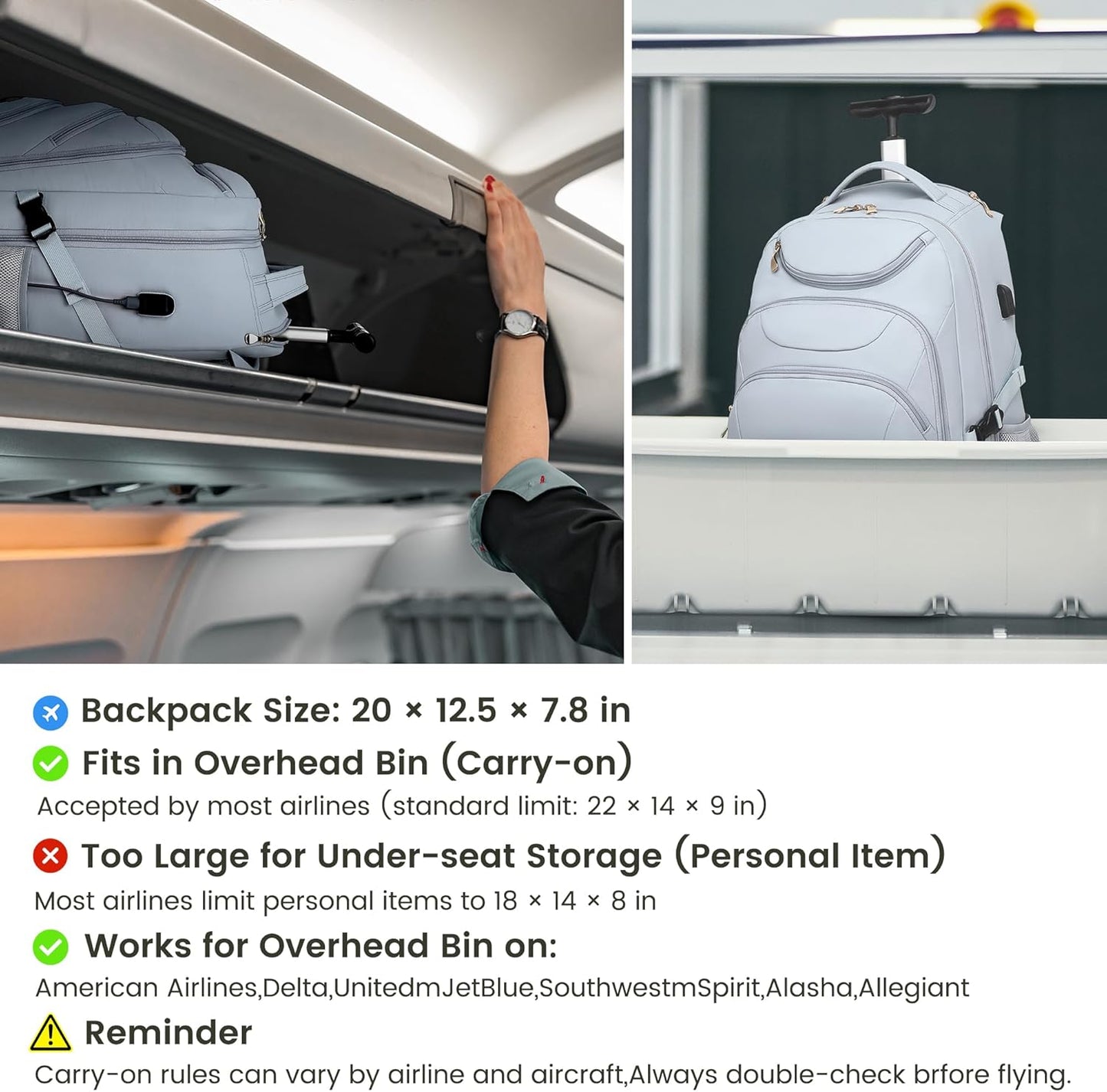 Boavan Rolling Backpack for Women, 17.3 Inch Wheeled Laptop Backpack,Large Travel Carry-On Bag for Teachers College Students, USB Charging Port Waterproof Business for Airplane Overnight Luggage，Blue