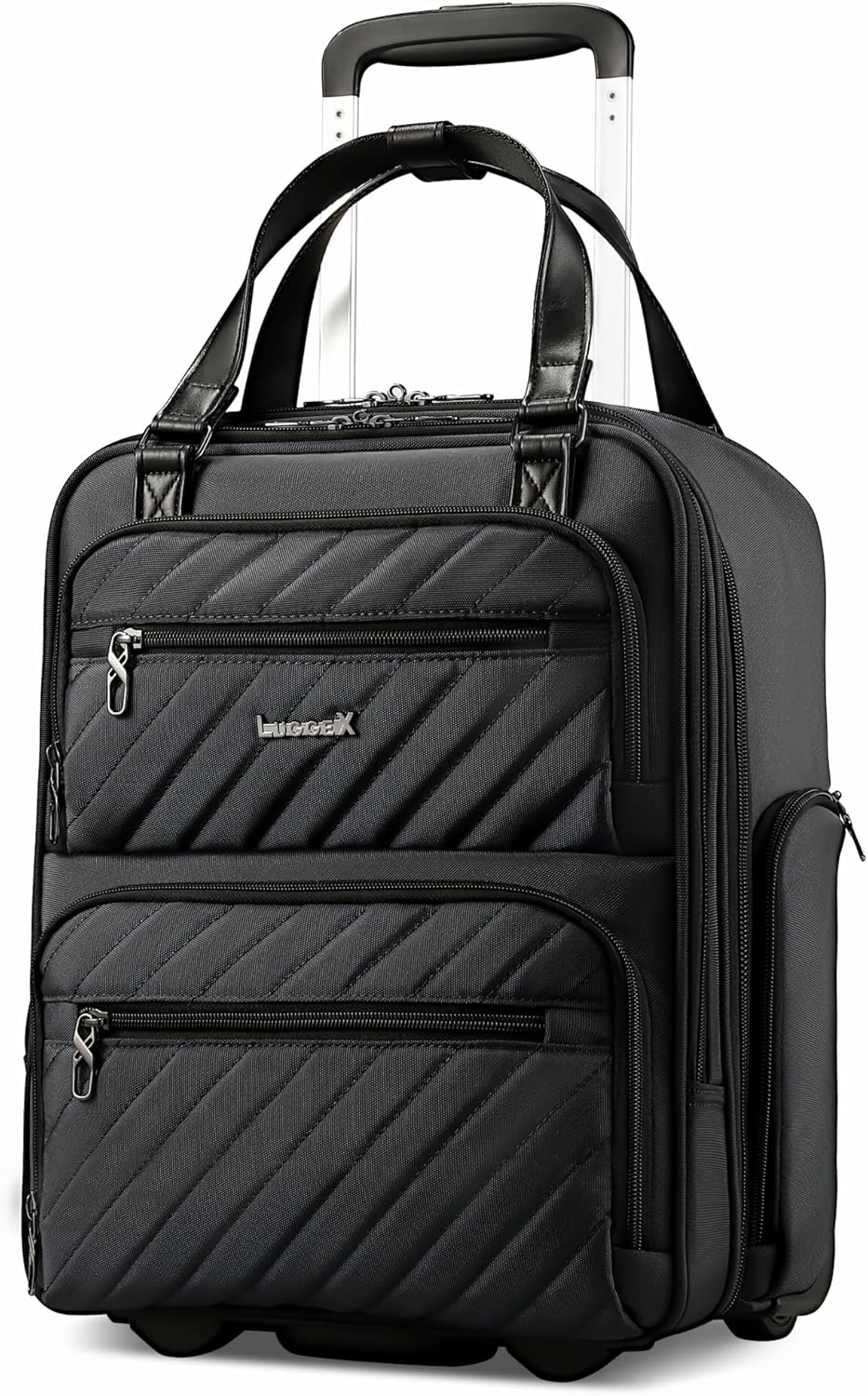 LUGGEX Underseat Carry On Luggage with Wheels, Stylish Lightweight Under Seat Luggage, Soft Sided Personal Item Suitcase for Short Trip (All Black, 16 Inch)