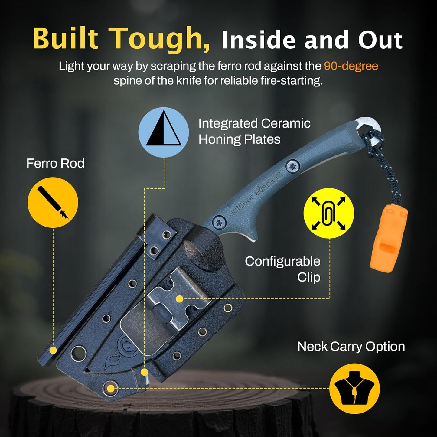 Scout Feather - Fixed Blade Survival Knife with built-in Firestarter for Camping, Hunting, Outdoor Adventure and Culinary Needs - VG10 Blade, Whistle, Knife Sharpener, Compact Sheath & G10 Handle