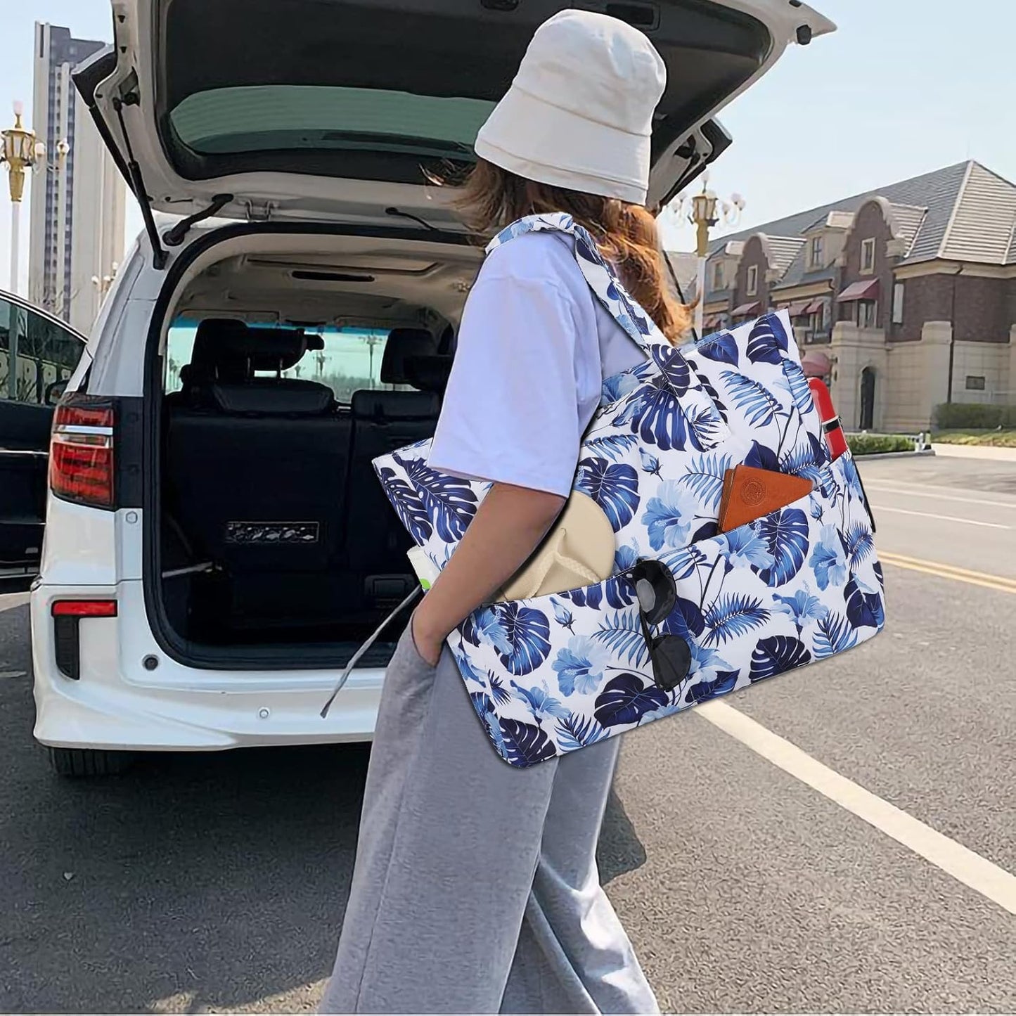 LEDAOU Large Beach Tote Bag Women Waterproof Sandproof Zipper Beach Tote Bag for Pool Gym Grocery Travel with Wet Pocket