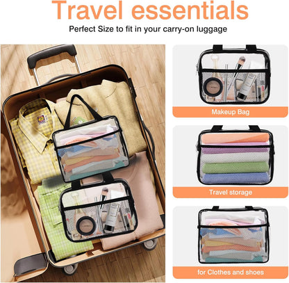XEWEA 2PCS Middle TSA Approved Clear Travel Toiletry Bags for Men Women, Transparent Makeup Cosmetic Bag with Handle Zipper, Waterproof PVC Quart Organizer Pouch for Airport Airline Essential, Balck