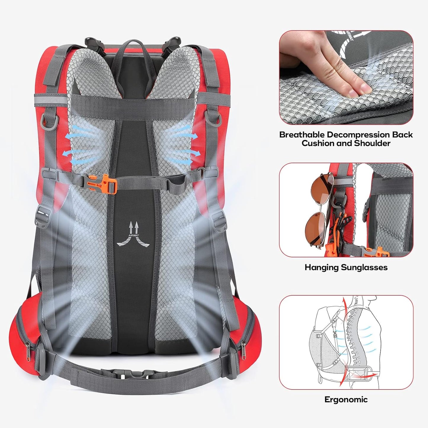 Maelstrom Hiking Backpack,Camping Backpack,40L Waterproof Hiking Daypack with Rain Cover,Lightweight Travel Backpack,Red