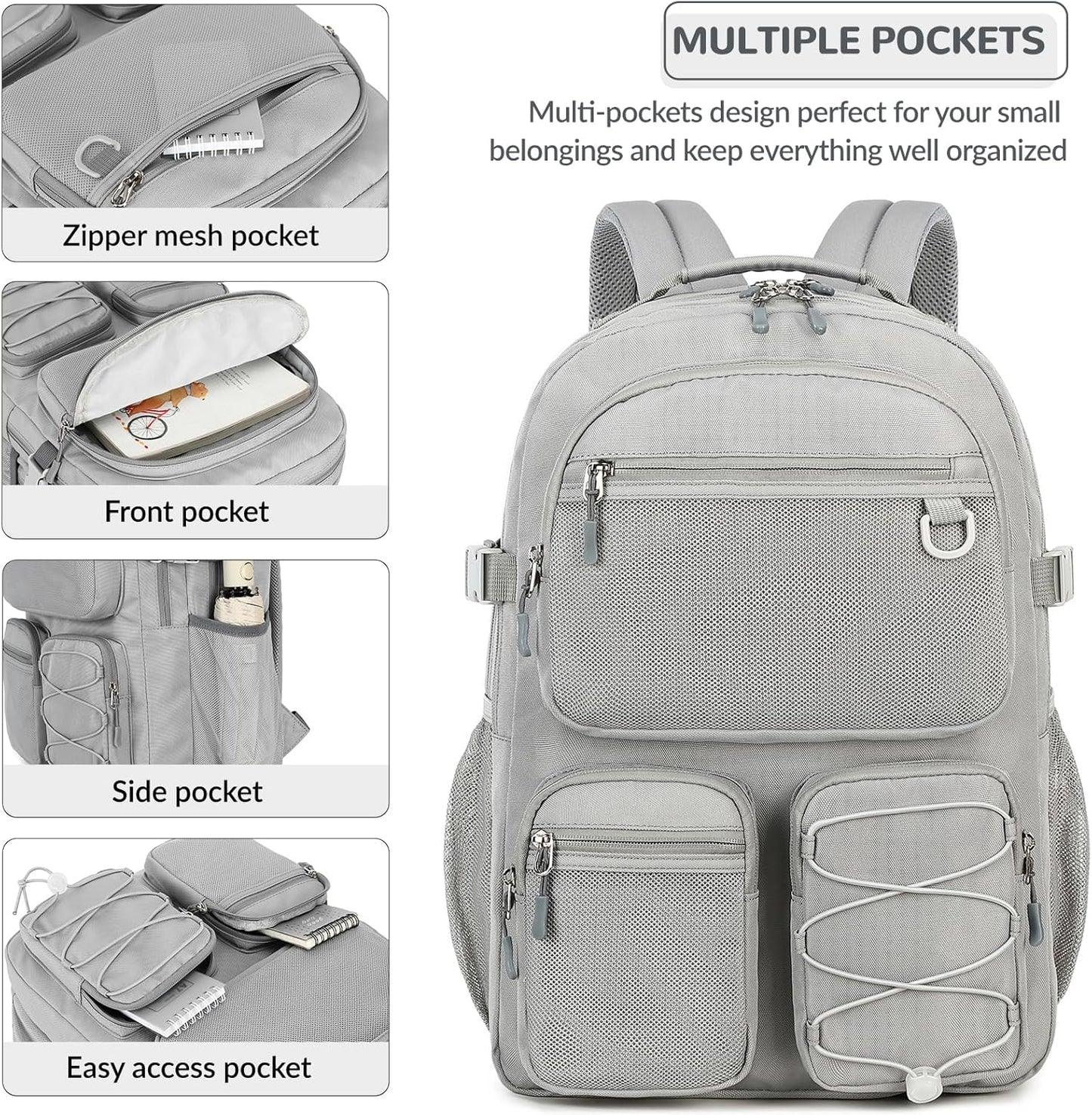 Lohol Water Resistant Daypack with Mulitiple Pockets for School Travel Outdoor College, 15.6 inch Laptop Backpack for Men and Women (Grey)