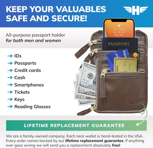 HERO Neck Wallet, RFID Blocking Passport Holder, Vegan Leather Travel Pouch (Brown)