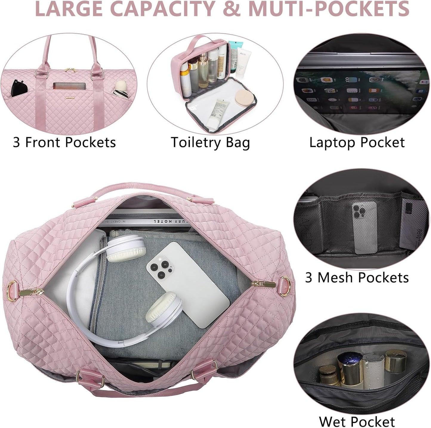 Women Duffle Weekender Travel Bag: Large Duffel Bags with Shoe Compartment Carry On Overnight Tote Bag with Wet Pocket Toiletry Bags Weekend Gym Yoga Hospital Bag for Labor and Delivery Pink 3Pcs Set