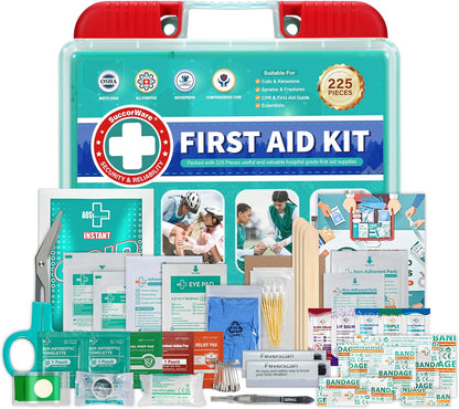 225 Pieces Portable First Aid Kit for Minor Wound Care, Includes Adhesive Bandages, Wound Gauze Pads, Ideal for Home, Car & On-The-Go