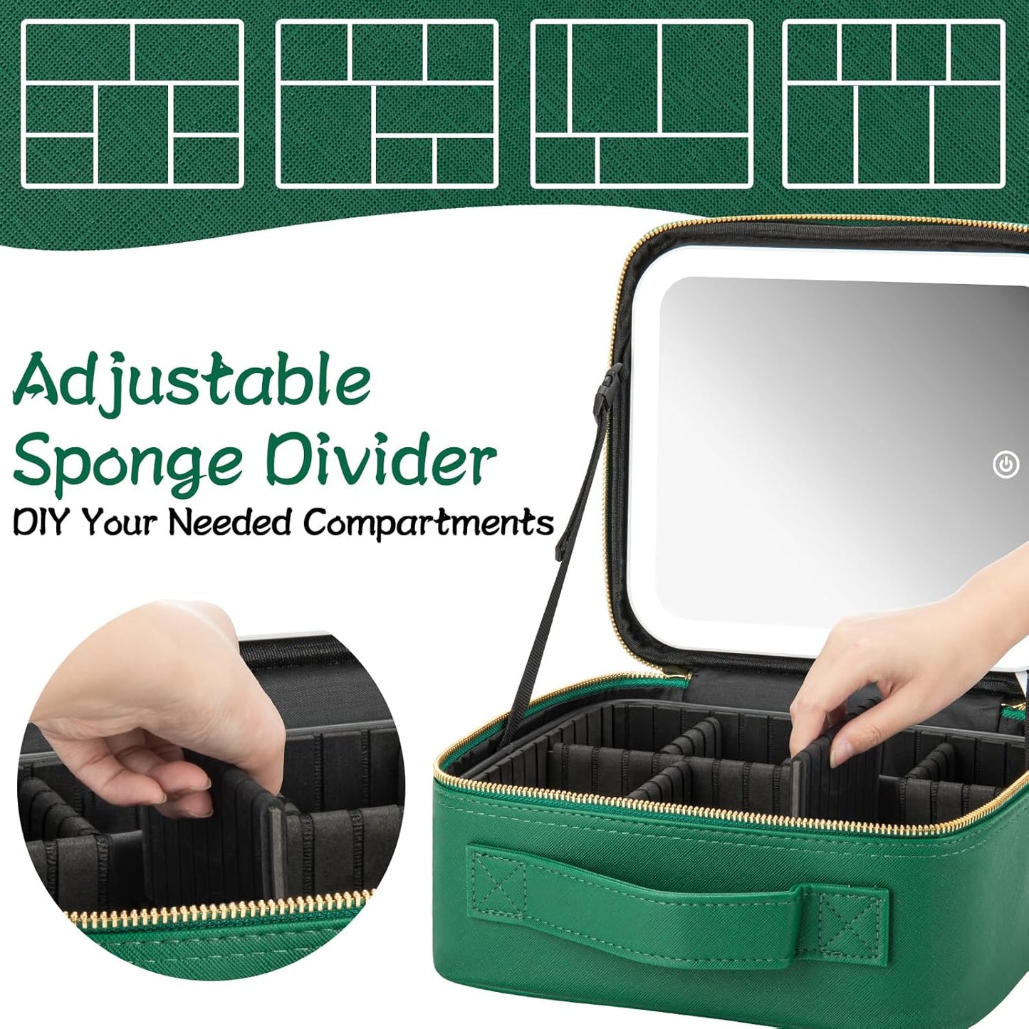 Makeup Travel Train Case with Mirror LED Light 3 Adjustable Brightness Large Cosmetic Bag Portable Storage Adjustable Partition Waterproof Makeup Brushes Make up Jewelry Gift for Women