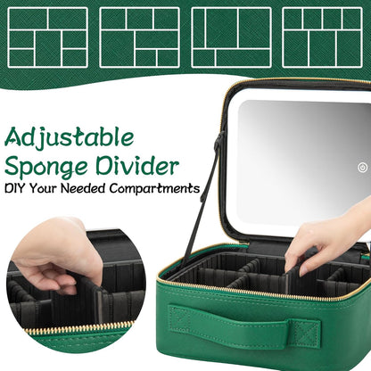 Makeup Travel Train Case with Mirror LED Light 3 Adjustable Brightness Large Cosmetic Bag Portable Storage Adjustable Partition Waterproof Makeup Brushes Make up Jewelry Gift for Women