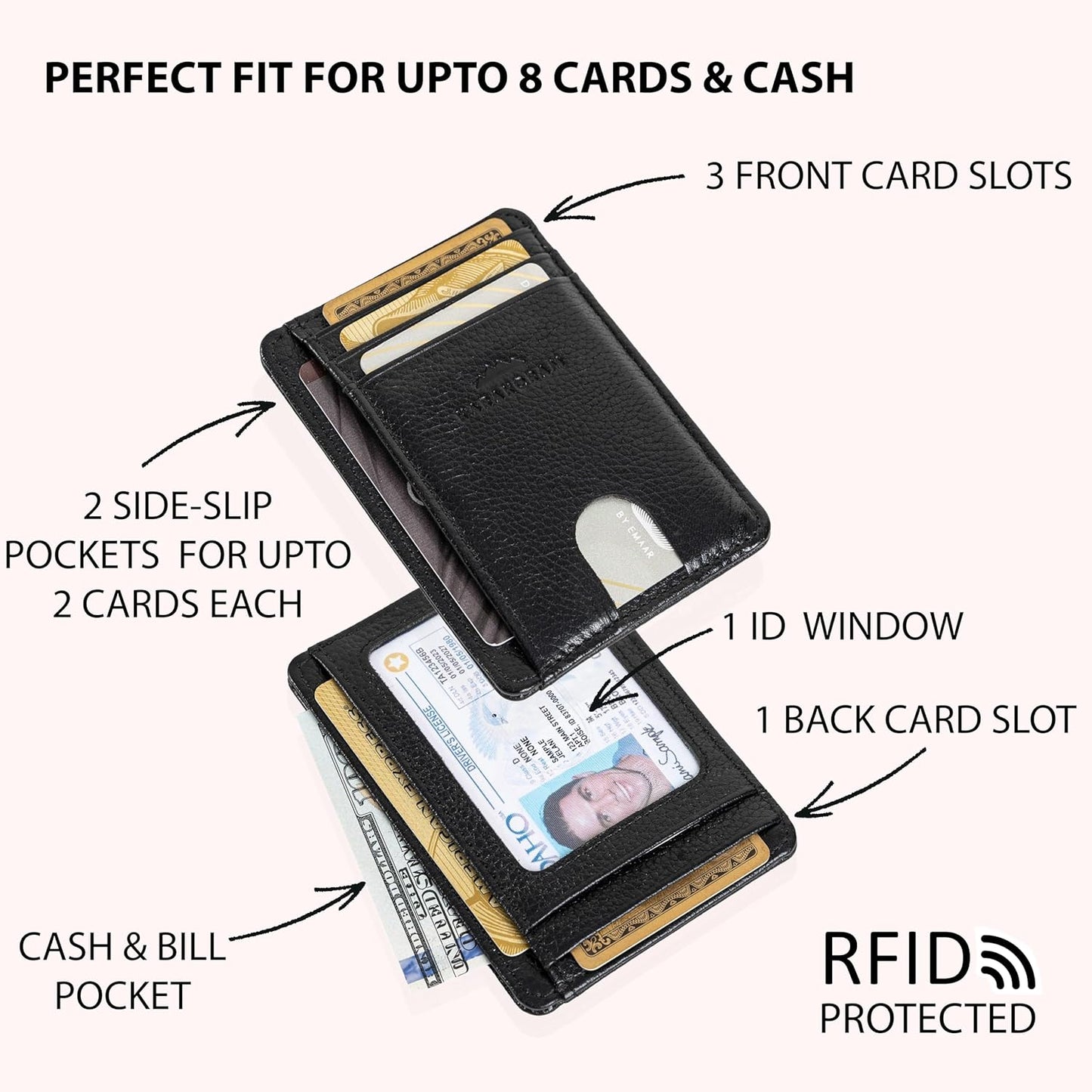 KARAKORAM Vertical Handcrafted Premium Leather Front Pocket Credit Card Holder with RIFD Protection | Artisan Made Slim Leather Wallet | Finger Glide Slots for Cards and ID (Jet Black)