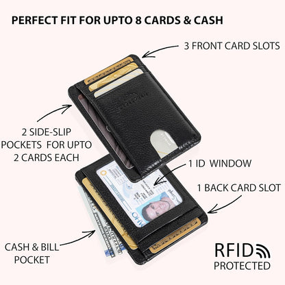 KARAKORAM Vertical Handcrafted Premium Leather Front Pocket Credit Card Holder with RIFD Protection | Artisan Made Slim Leather Wallet | Finger Glide Slots for Cards and ID (Jet Black)