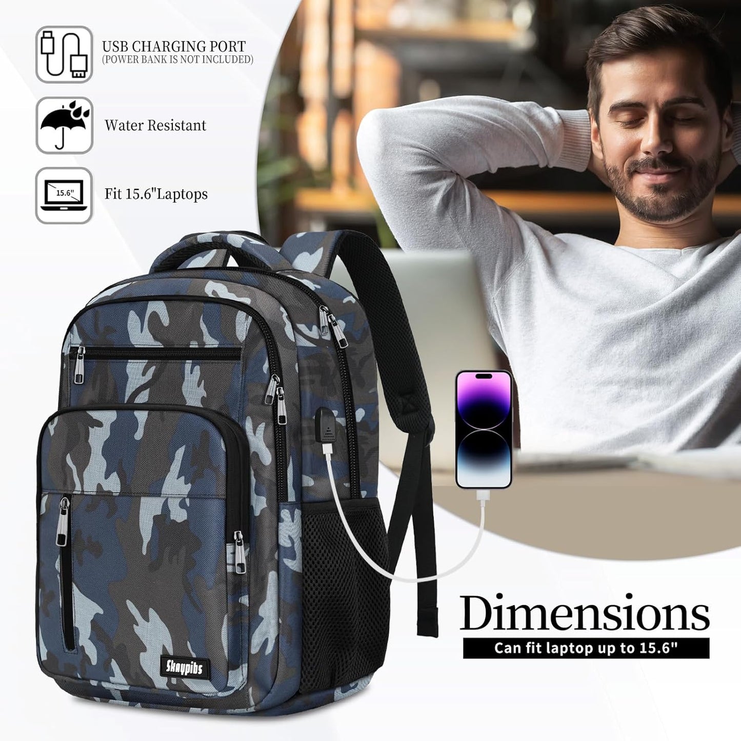 Backpack for Men Women, School Backpack for Boys Girls Teens, 15.6 Inch Laptop Backpacks with USB Port, Water Resistent Book bag, Work College Bookbag, back pack, Mochila para hombre