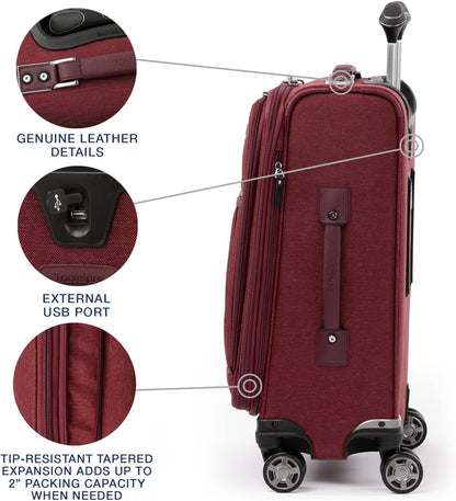 Travelpro Platinum Elite Softside Expandable Carry on Luggage, 8 Wheel Spinner Suitcase, USB Port, Suiter, Men and Women, Bordeaux Red, Carry On 21-Inch