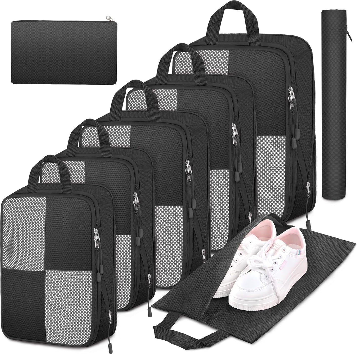 8 Set Compression Packing Cubes Travel, Lightweight Expandable Travel Cubes Suitcase Organizer for Carry On Luggage Suitcase, Black