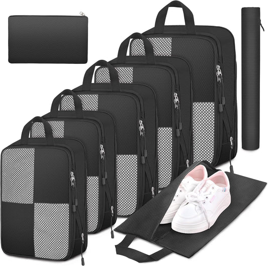 8 Set Compression Packing Cubes Travel, Lightweight Expandable Travel Cubes Suitcase Organizer for Carry On Luggage Suitcase, Black
