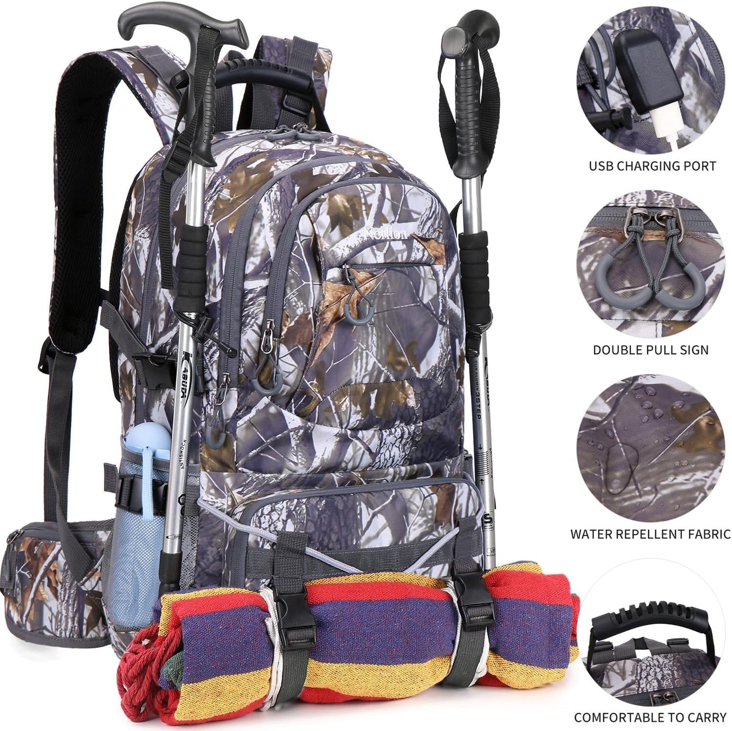 Nerlion 40L Hiking Backpack Travel Backpack for Men Women Camping Waterproof Outdoor Hiking Daypack Lightweight Backpack (Yellow Leaves)